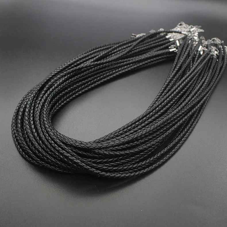 ELFASIO Braided Leather Cord 3MM Chain Necklace Stainless Steel Durable Snap Clasp Men Women DIY Woven Rope Chain for Pendant Black/Brown/Red/Blue 18-30inch