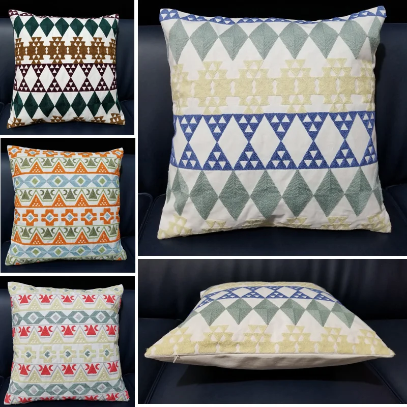 

Home Decor Embroidered Cushion Cover Handmade Square Geometric Canvas Cotton Square Embroidery Pillow Cover 45x45cm Pillowcase