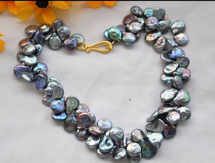 

>>>>>Z5274 NICE 2strands 15mm coin black Freshwater cultured pearl necklace 17inch