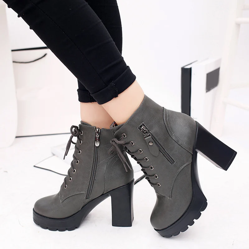 

2018 Women Boot Ankle Boots Lace-Up Zip Square Thick Heel High Quality PU Platform Autumn Winter Fashion Fur Shoes Ladies