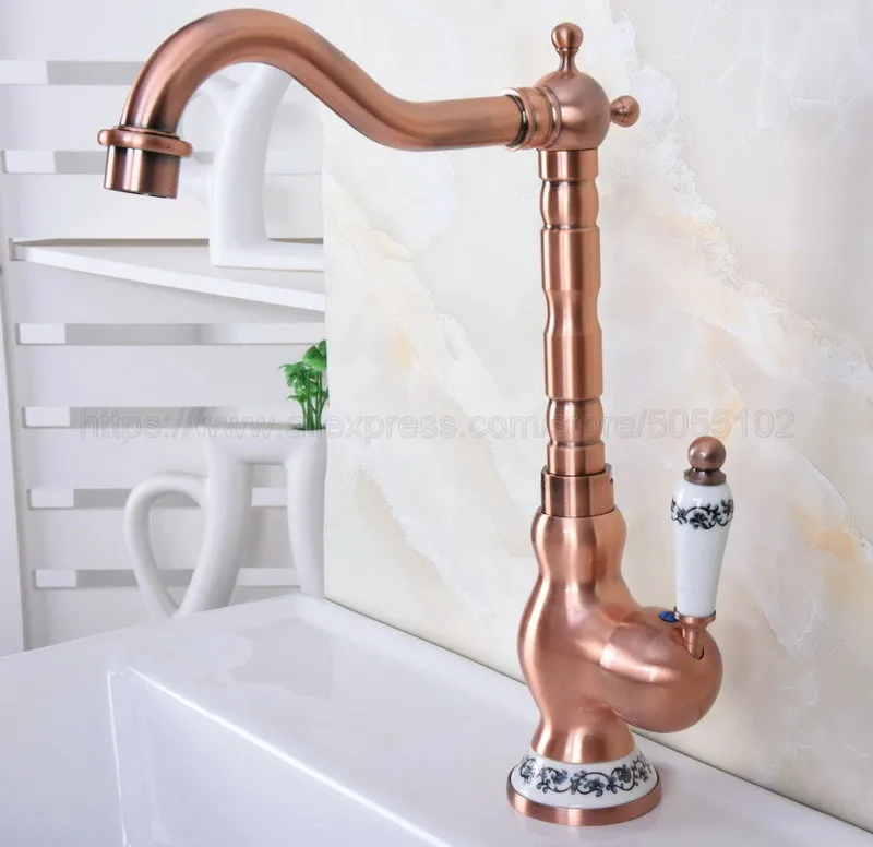 Antique Red Copper Deck Mounted Bathroom Basin Faucet Hot And Cold Bathroom Sink Mixer Taps znf638