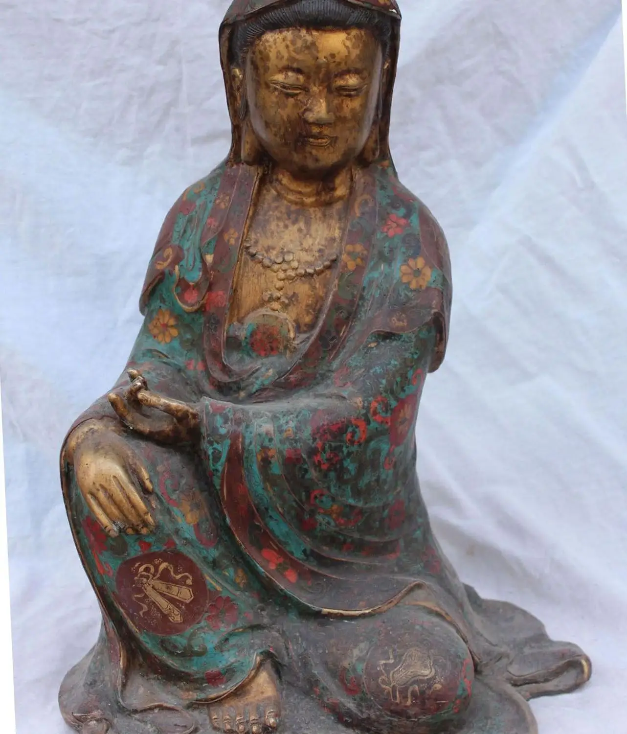 

19" Marked Old Chinese Cloisonne Bronze Gilt 8 propitious Symbol Kwan-yin Statue