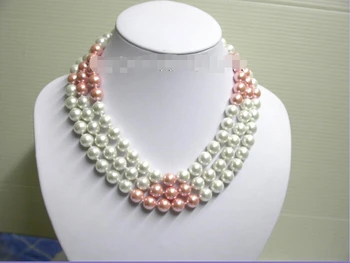 

shipping> >>>3row round pink white south sea shell pearls necklace