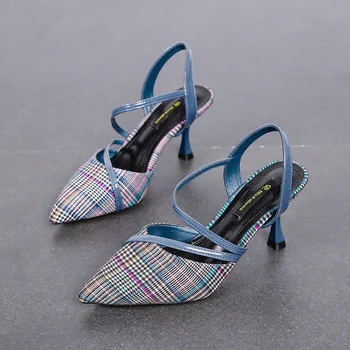 

2019 autumn new fashion simple plaid fabric casual high heels women trend comfortable tip toe high heels