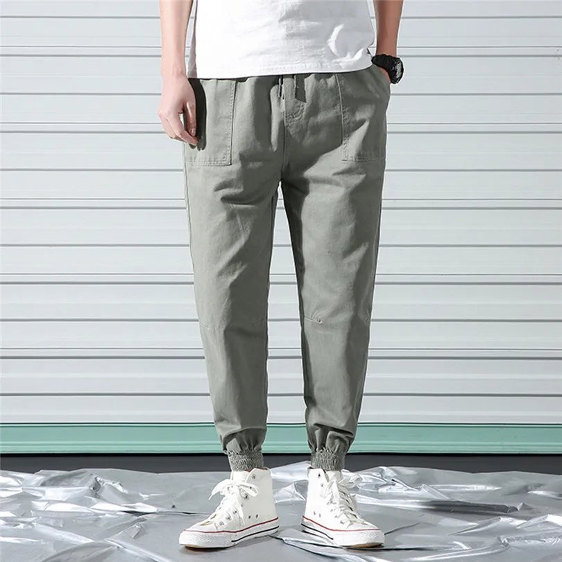 New Fashion Men Summer Cotton Loose Solid Outdoors Sports Ankle-Length Pants Casual Daily Elastic Waist Pants#Jun17