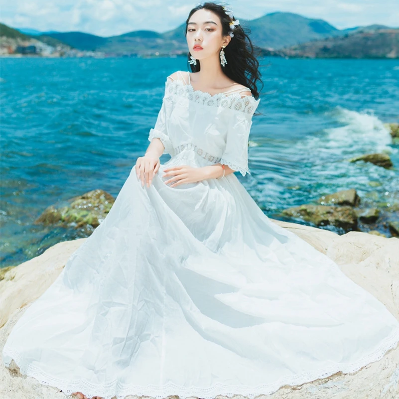 

SexeMara fashion The New Lace splice Hollow One word collar dress Free shipping