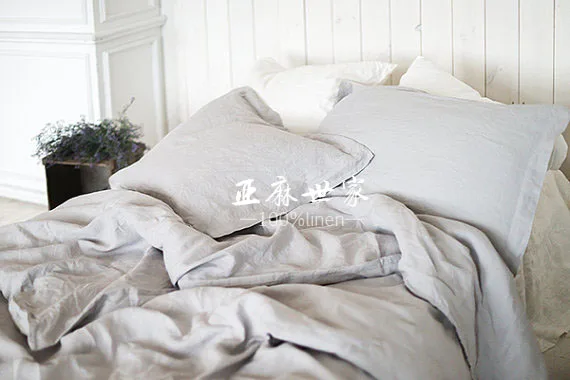 Flash Deal Set of 4 Pre stone washed 100% Natural Linen Medium grey bedding set 1 duvet cover + 2 pillowcases + 1fitted sheet 3