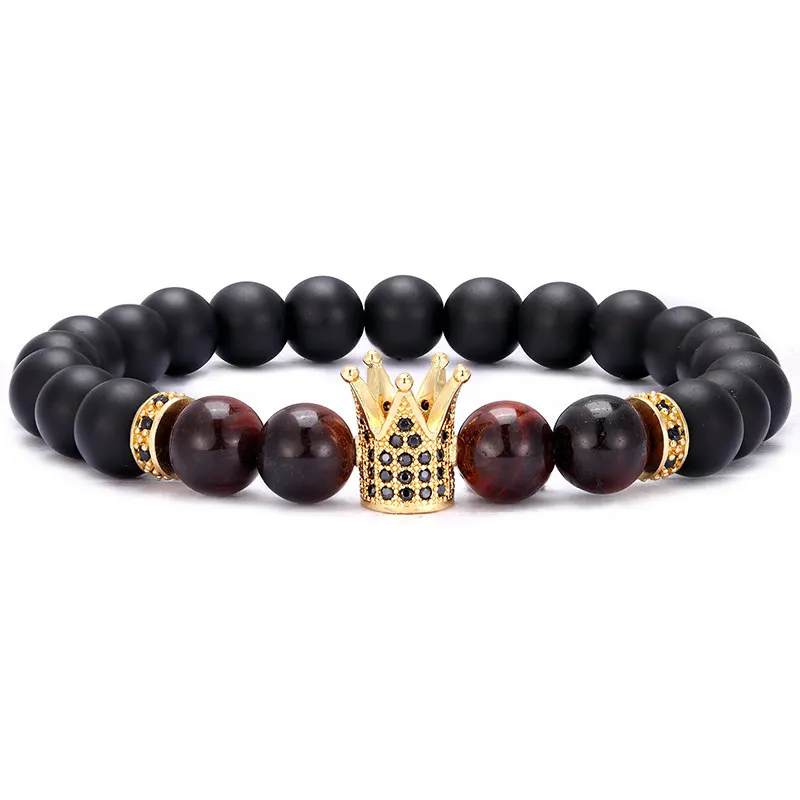 Novo charme micro inlay coroa vermelho tigre olho preto matte pulseira dos homens presente - Окраска металла: Золотой цвет