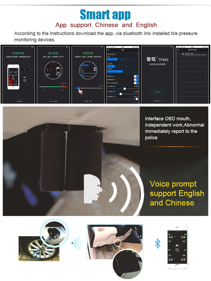 TPMS Bluetooth 4,0 APP дисплей беспроводной монитор давления в шинах сигнализация система OBD интерфейс Поддержка Android iphone Телефон 4 датчика