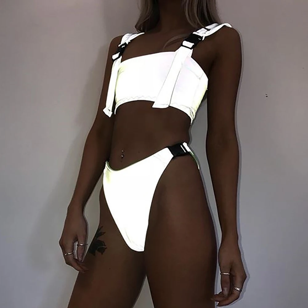 

2019 Reflective Bikini Solid Silver Brazilian Biquini Two Piece Swimwear Bikini Sets School Bag Buckle Stitching Women Beachwear