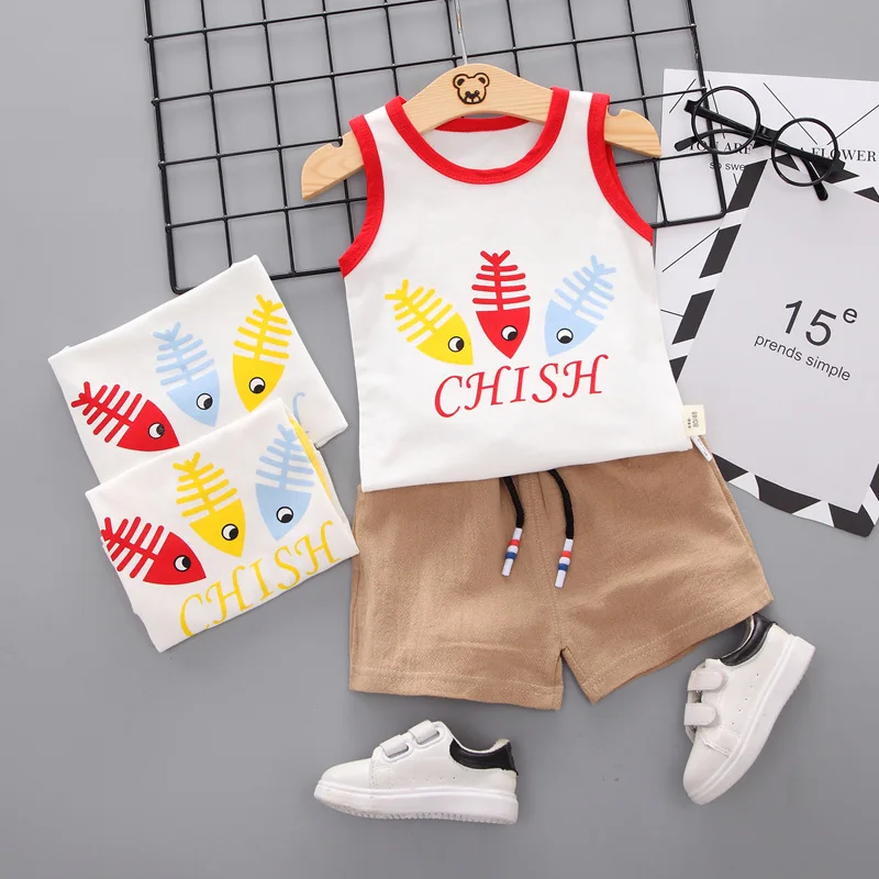 

Baby Boys Summer Sleeveless Cotton Cartoon Print Tops Blouse Vest+Shorts Casual Outfits Sets