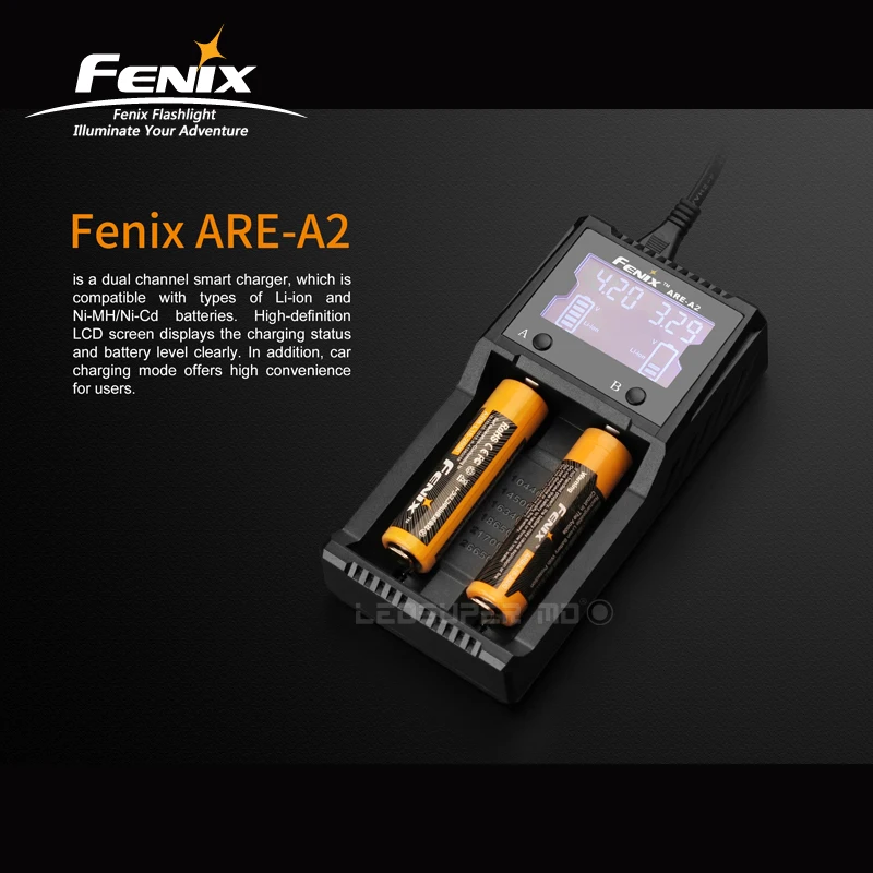 LCD Screen Fenix ARE-A2 Dual Channel Smart Charger is Compatible with Li-ion/ Ni-MH/ Ni-Cd Batteries