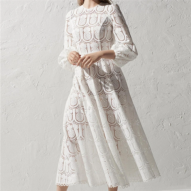 Femmes O Boho Manches Robe Cou Longue 2019 Broderie Out Dentelle Hollow Spring Vacances À Maxi Robes Travers Lanterne Voir xq80p