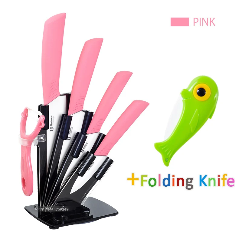 With Folding Knife " 4" " 6" дюймов кухонный керамический нож шеф-повара набор Овощечистка+ акриловая подставка/держатель Timhome циркониевый нож для очистки овощей - Цвет: With Folding Knife