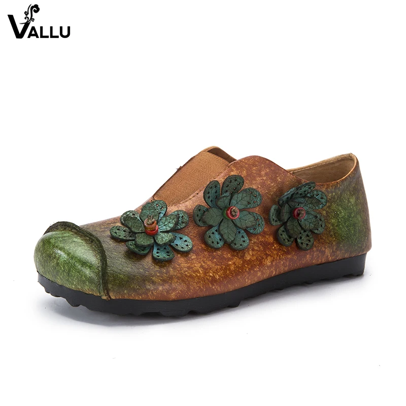 

Flower Vintage Shoes Lady Original Leather Women Flat Shoes Elastic Band Comfort Flats Female Brand Moccasin Shoes