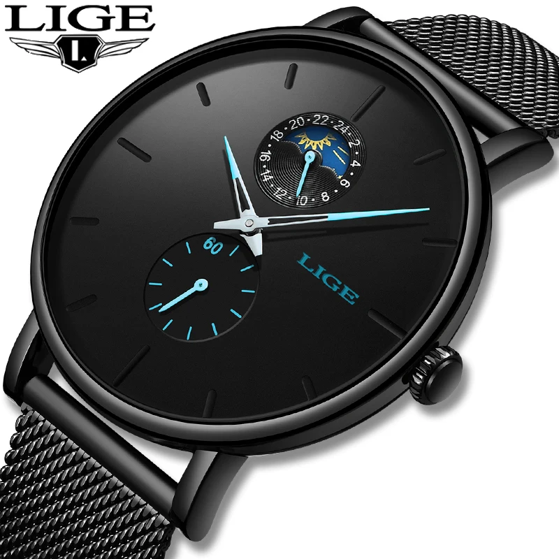 

LIGE New Fashion Mens Business Casual Watches 24 hrs Unique Design Quartz Watch Mesh Waterproof Sport WristWatch erkek kol saati