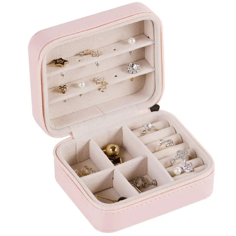 

11x9x5.5cm Zipper Travel Jewelry Box Portable Leather Earrings Rings Jewelry Storage Case High Quality