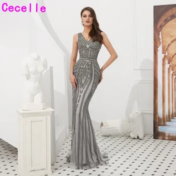 

Grey Sequins Mermaid Long Luxury Evening Dresses 2019 Sleeveless Women Elegant Evening Party Gowns Social Occasion Dress