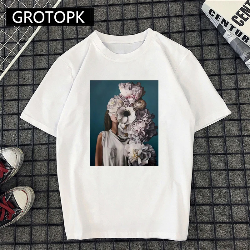 

Psychedelic Flowers Prints Female T-shirt Cotton Casual White T-shirts for Women Plus Size T Shirt Portrait Vintage Tee Shirt
