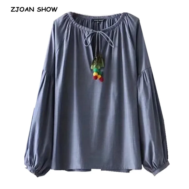 

BOHO Tassel Colored Ball Stream V neck Shirt Ethnic 2018 Summer Lantern sleeve Blouse Tops Pullover blusas chemise femme blue
