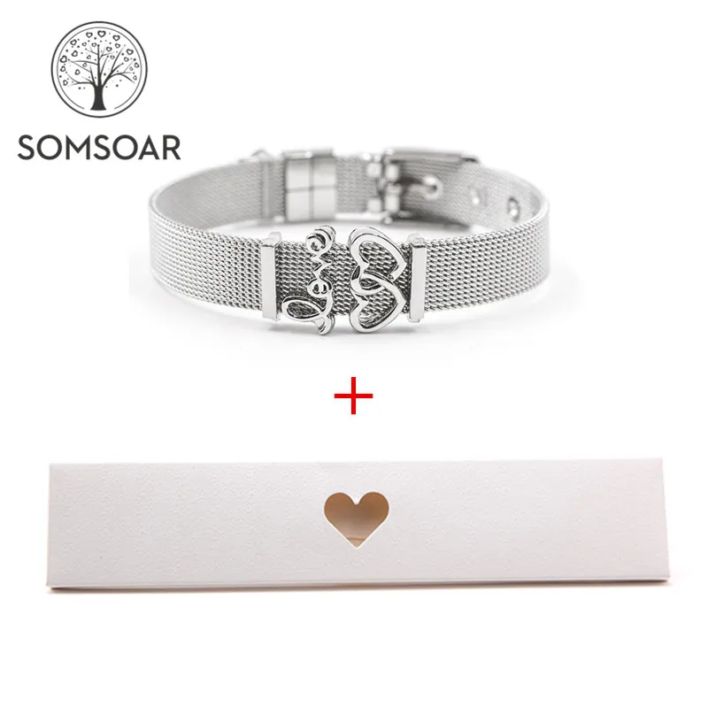 

Dropshipping Somsoar Jewelry Silver Stainless Steel Mesh Charmband Bracelet Gift Box Set with White box and 1 set mesh bracelet