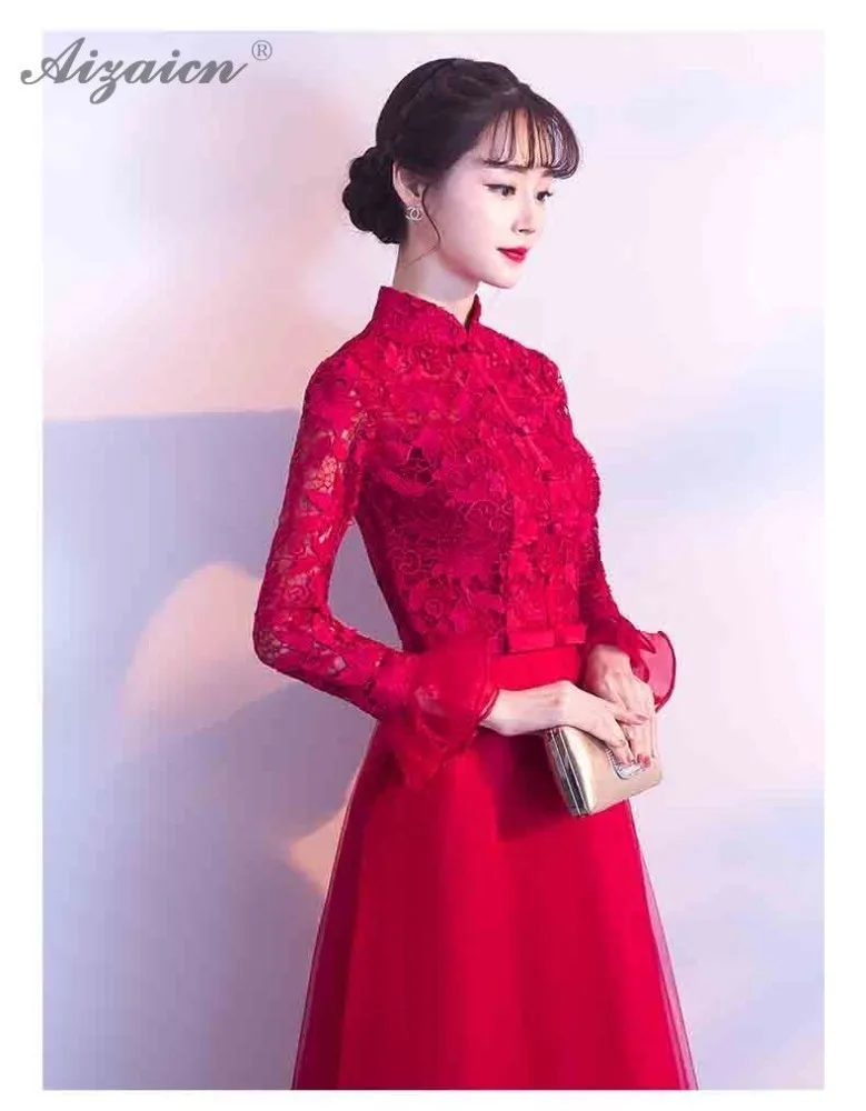 2019 новые кружевные Сексуальные Cheongsam Длинные вечерние платья Qi Pao Женские китайские свадебные платья Qipao красные модные вечерние винтажное