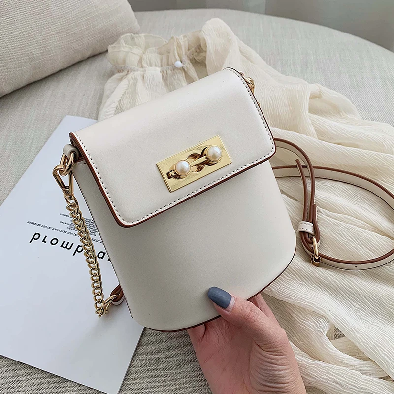 

Bucket small women leather bag pearl lock 2019 handbag Chain shoulder bag messenger designer brand handbag lady crossbody luxury