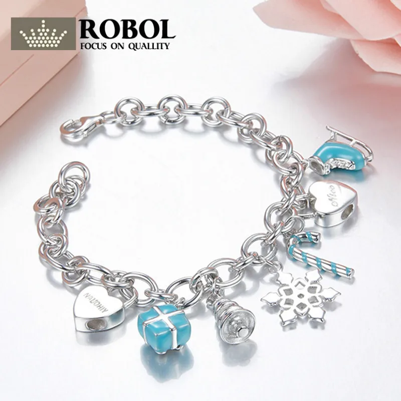 

ROBOL 925 Sterling Silver Luxury Heart-shaped Cute Bracelets Tiff Style Fashion Women Charm Jewelry Lady Gifts Free Shipping