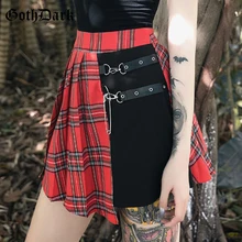 Goth Dark Red Plaid Punk Gothic Skirts Patchwork Rivet Belt Pleated Asymmetrical Belt Grunge Women's Skirt Fall2019 Fashion Sexy