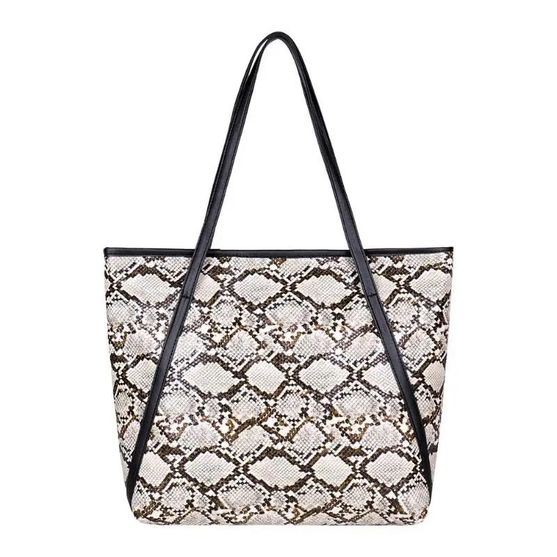 Ladies Fashion Female Big Snake Print Shoulder Handbags Women Large Capacity Top-handle Bags Casual Shopping PU Leather Totes - Цвет: Бежевый