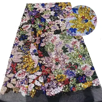 

2019 Multicolor 3D Flower Sequins High Quality Lace Fabric, African Lace Fabric, Applique Embroidery Lace Fabric For Dresses