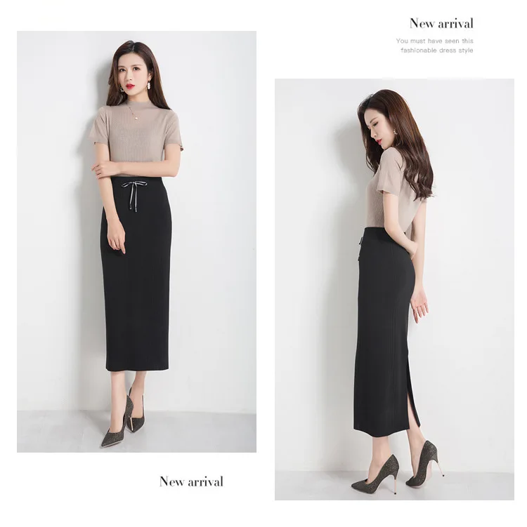 1pcs Hight waist skirts Womens Pencil skirts Summer Knitted cotton Splicing Fork opening Pencil skirt Ladies Skinny skirts
