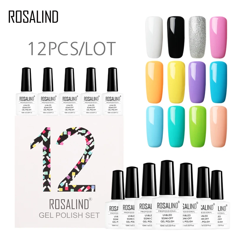 12 шт./лот) ROSALIND 10 мл Набор лаков для ногтей Vernis полуперманентный Чистый Цвет гель лак набор для маникюра замочить от ногтей искусство