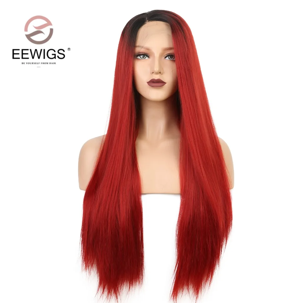 

EEWIGS Straight Synthetic Lace Front Wig Black Roots Ombre Red Wig Heat Resistant Synthetic Wigs For Black Women