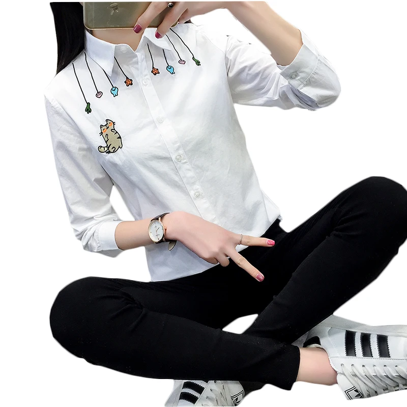 

Cute Embroidery Womens Tops And Blouses Women Summer Autumn Long Sleeve Cotton Shirt Casual White Blouse Ladies Girl Tops