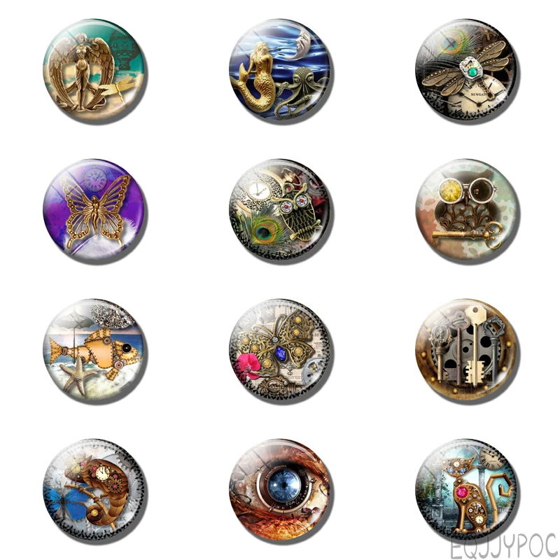 

12pcs Steampunk Style 25MM Fridge Magnet Peacock Clock Watch Cat Kids Glass Dome Note Holder Magnetic Refrigerator Sticker Decor