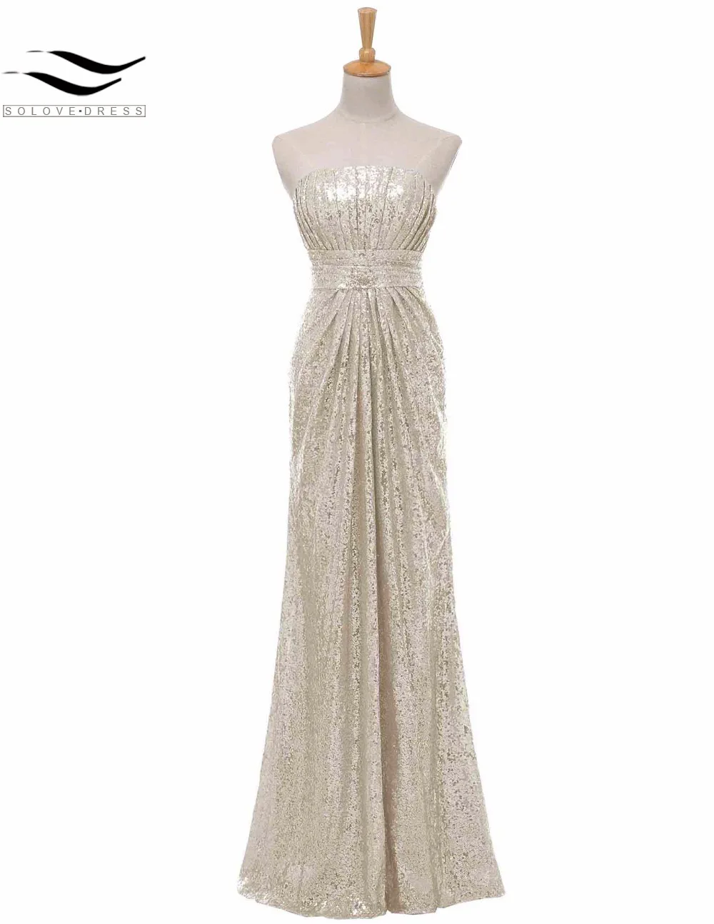 

Solovedress Cap Sleeves Champagne Mermaid Sequined Strapless Bridesmaid Dress 2017 Real Formal vestido de dama de honra B0060
