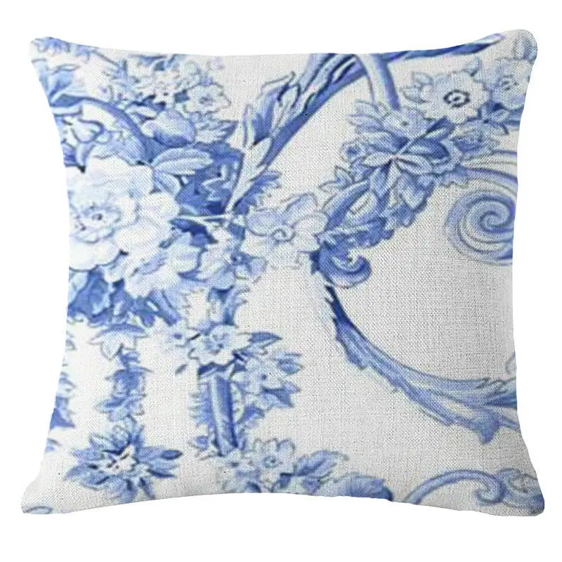 Chinese Style Vintage Blue Flowers Series Cushion Cover Cotton Linen Throw Pillow Case for Home Bedroom Decoration Pillowcase