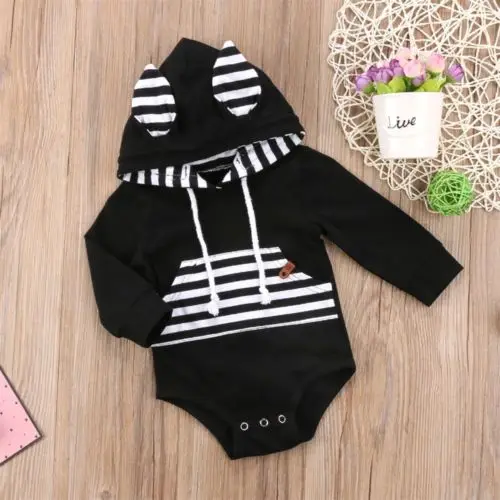 Cute Newborn Toddler Baby Boy Clothes Striped Cotton Hooded Jumpsuit Boys Girls Bodysuit Infants