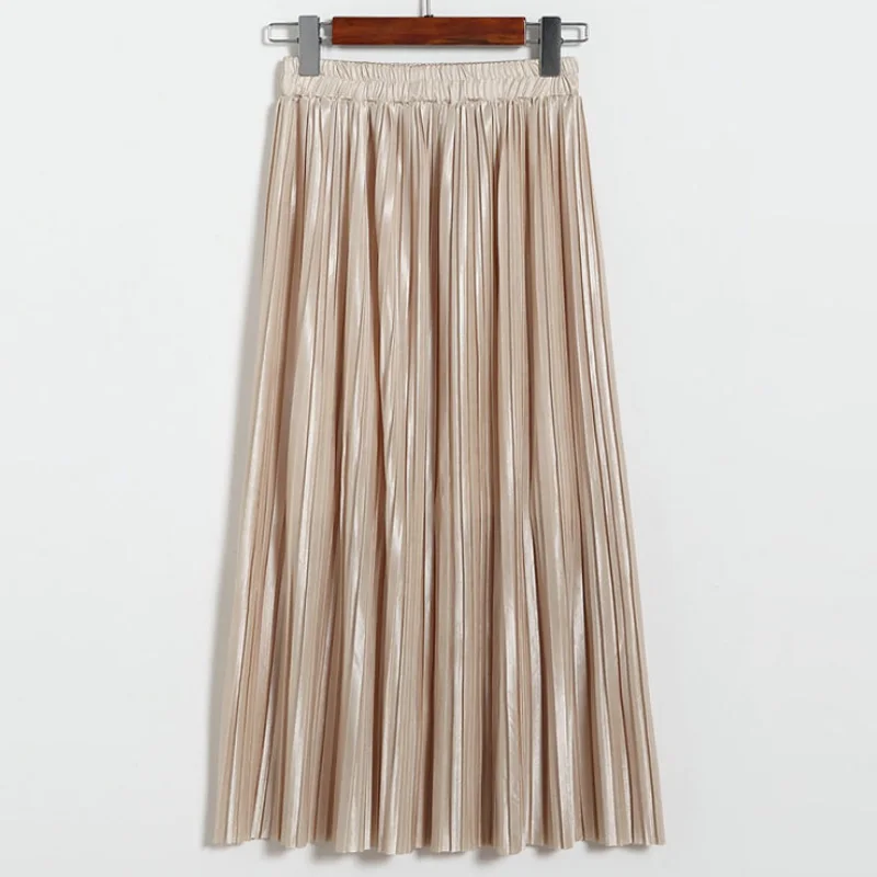 Aonibeier Women Pleated Skirt Long Skirt Elastic High Waist Midi Skirt Autumn Sexy Fashion Female Vintage Metallic Skirts Womens - Цвет: Beige