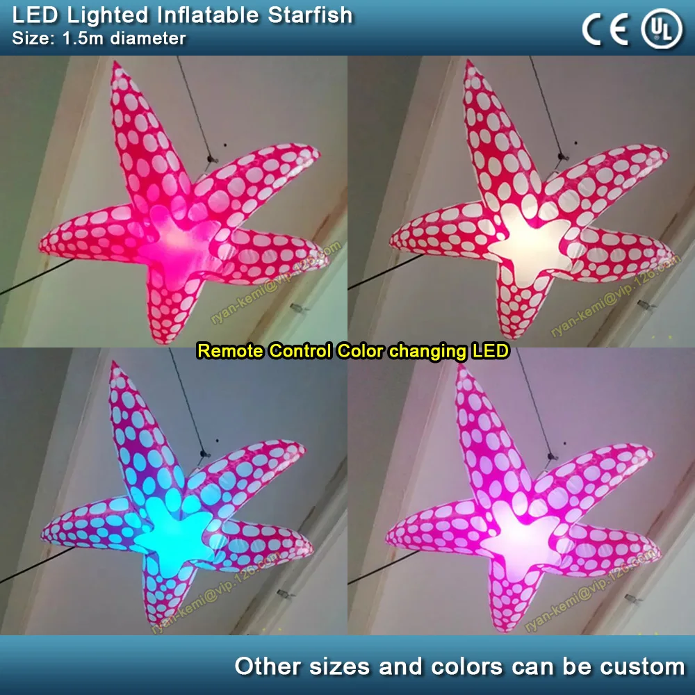 1.5m dia LED lighting inflatable starfish balloon for party stage bar pub decoration hanging inflatable marine animal seafood