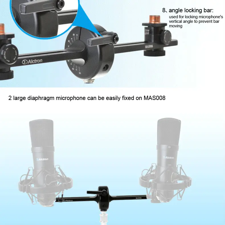 Alctron MAS008 Двойной микрофонный стенд, стерео запись Двойной микрофонный стенд предлагает точные измерения для стерео подобрать