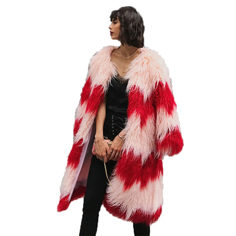 striped mixing faux fur coat women Fluffy warm female outerwear 2017
