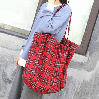 

Big Bag for Women Large Capacity One Shoulder Shopping Bag Woolen Canvas England Plaid Fabric Shopper Bags