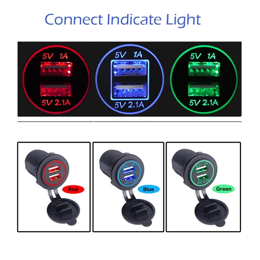 Универсальное автомобильное зарядное устройство для мотоцикла, светодиодный светильник с двумя USB зарядными устройствами, разъем питания 2.1A, светильник-сигарета для мотоцикла, грузовика, квадроцикла, лодки