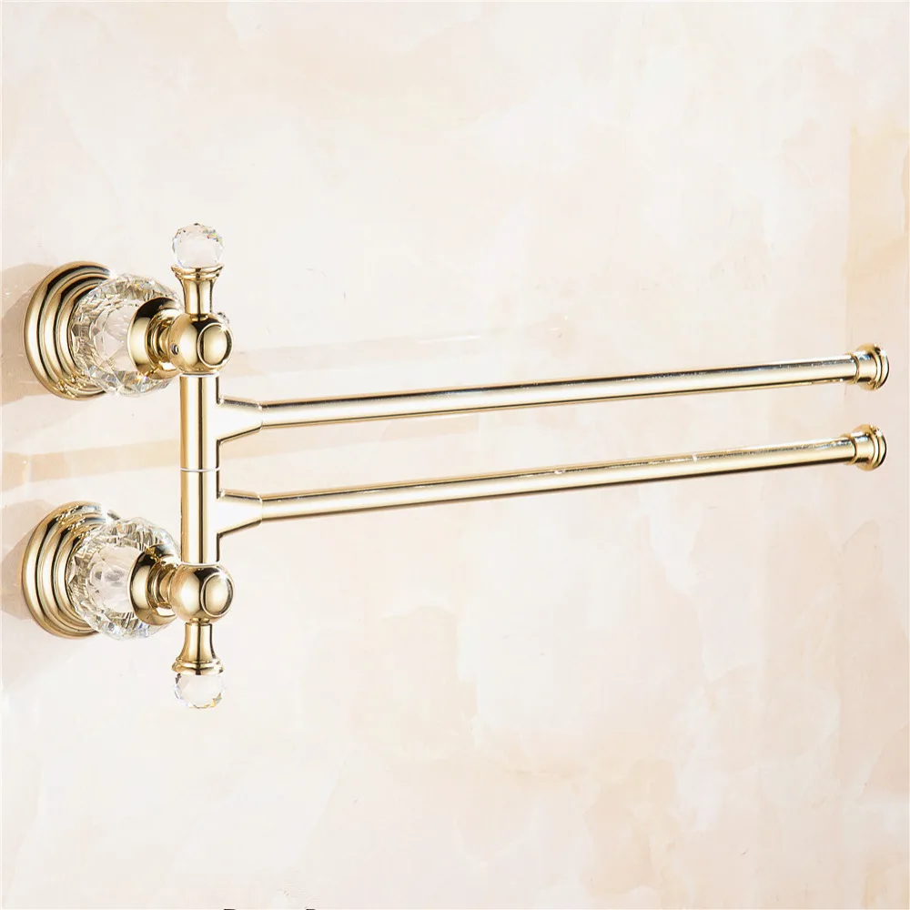 

AUSWIND Vintage Polished Gold Crystal Brass Towel Rack 2 Arms Wall Mounted Bathroom Hardware GB6