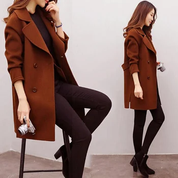 

Women Wool Blend Warm Long Coat Plus Size Female Slim Fit Lapel Woolen Overcoat Autumn Winter Cashmere Outerwear