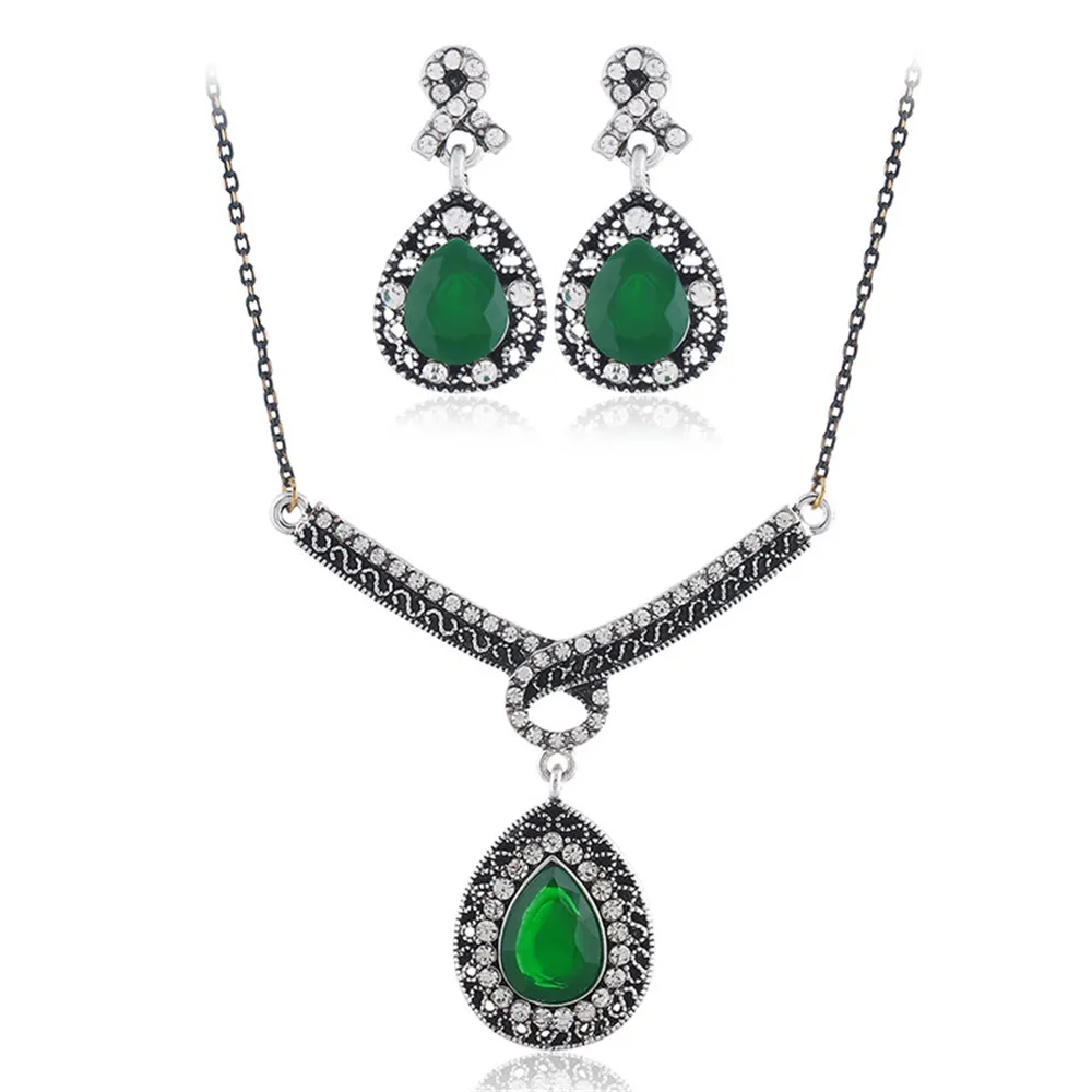 

CRLEY Rhinestone Jewelry Set Vintage Water Drop Red Green Black Pendant Wedding Engagement Jewelry European Style Jewelry