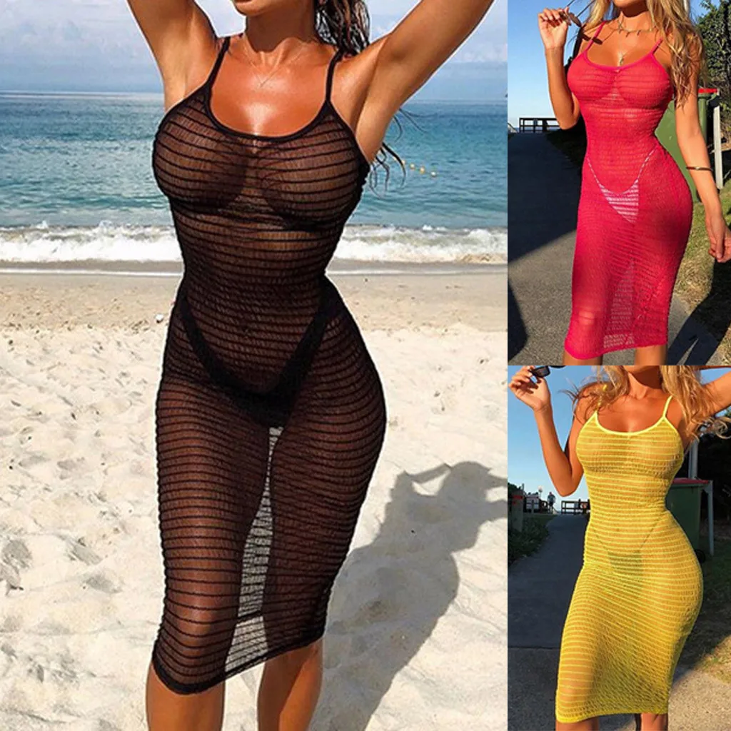 

Sexy Woman Summer Lace Knit Sunscreen Blouse Split Straps Long Beach Skirt Swimsuit Crochet Bikini Dress Tops