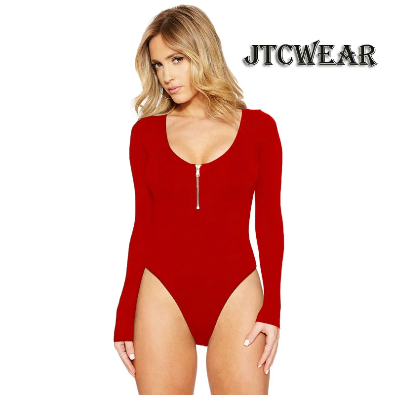 Deep U Neck Long Sleeve Women Bodysuits Tight Sexy Low Neck Bodysuits